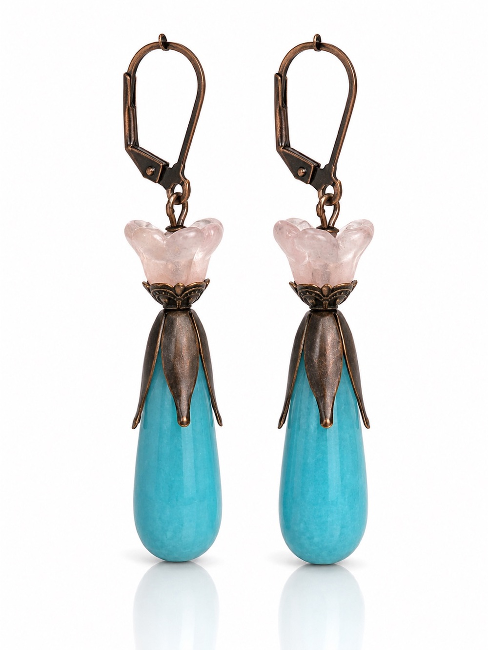Artisan Turquoise Floral Statement Earrings, Antique Copper Pink Flower Dangles - Picture 6 of 7